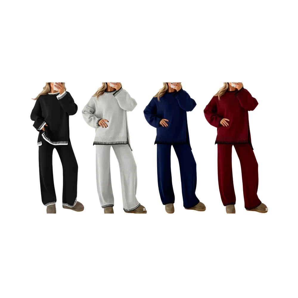Women's Round Neck Colorblock Sweater Top and Long Sweatpants Set