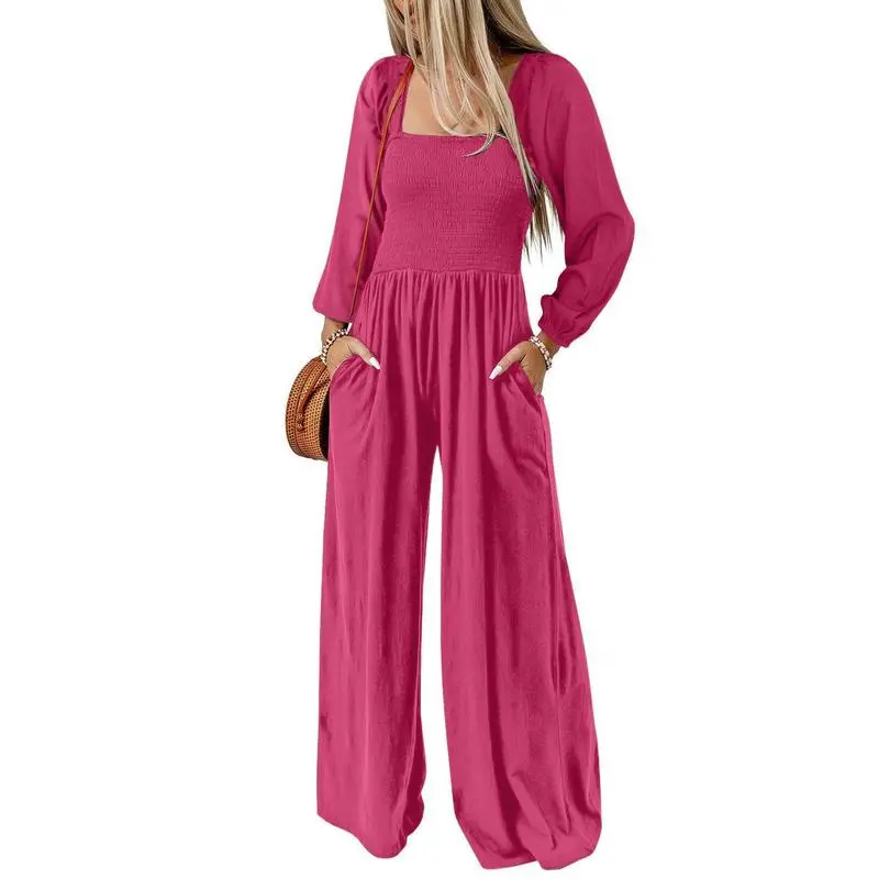 Women's Casual Loose Overalls Jumpsuits One Piece Long Sleeve Wide Leg Long Pant Rompers With Pockets