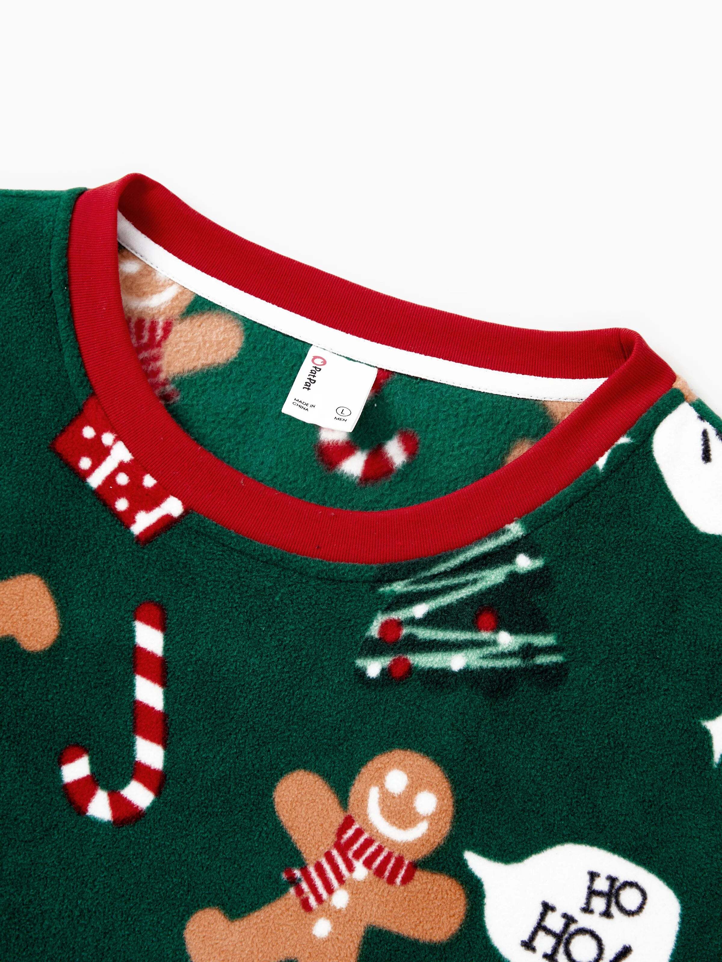 Christmas Pajamas Family Matching Fleece Gingerbread Man Long Sleeves Pajamas Sets with Christmas Socks Dark Green
