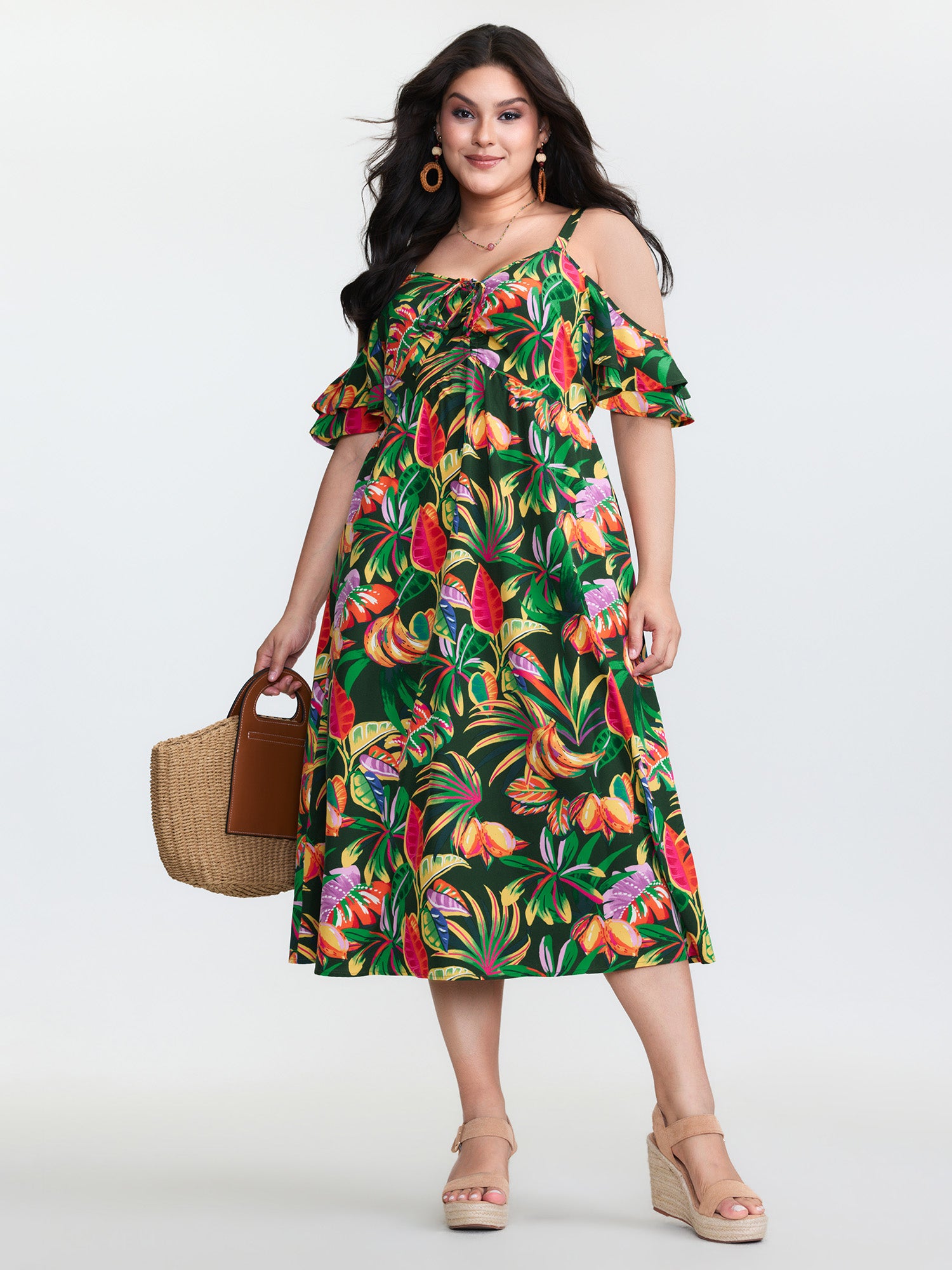 Vibrant Tropical Print Off-Shoulder Midi Dress