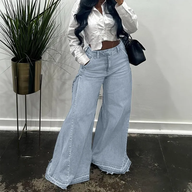 Women Flared Wide Side Loose Jeans High Waist