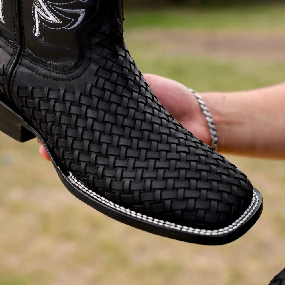 Black Basketweave Leather Boots - Square Toe