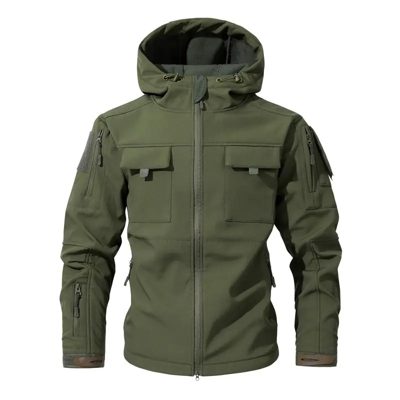 Men's Multi-Pocket Workwear Hooded Jacket, Fleece Waterproof Jacket