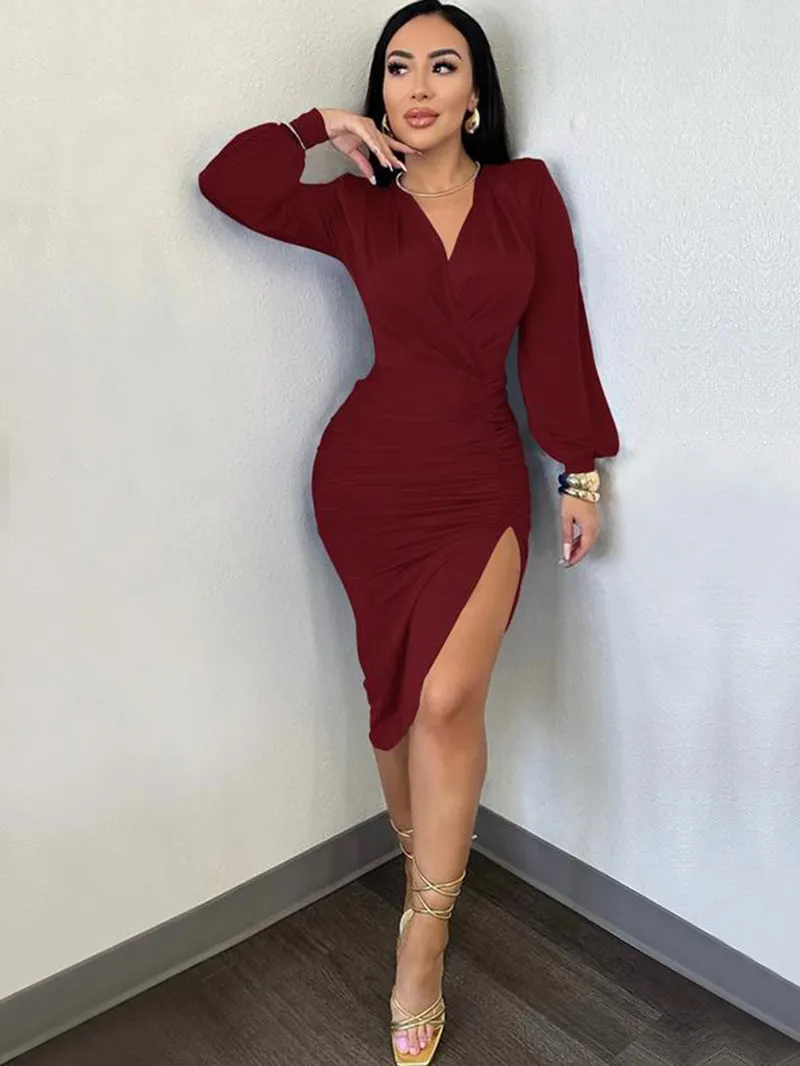 Women's Plain Ruched Wrap Split Thigh Bodycon Dress