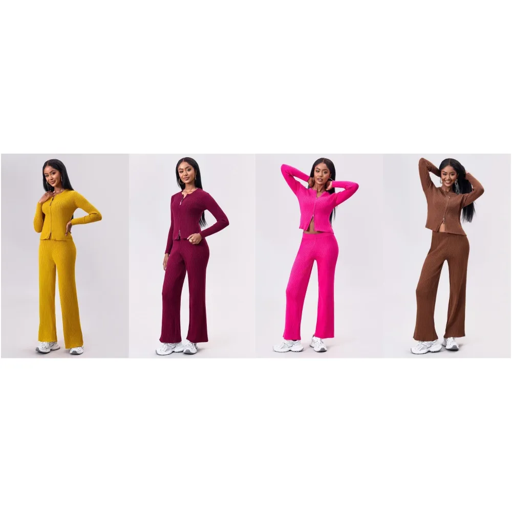 Women's Comfy Solid Color Ribbed Zip-Up Sweater & Wide Leg Trousers Co-ord