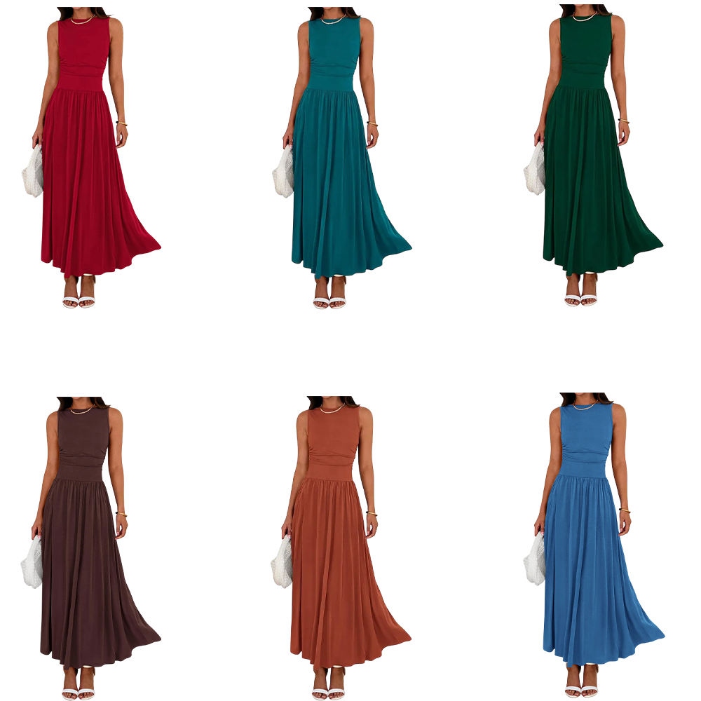 Summer Maxi Dresses for Women 2026 Spring Sleeveless Casual Ruched High Waisted Long Sundress Flowy Beach Dress