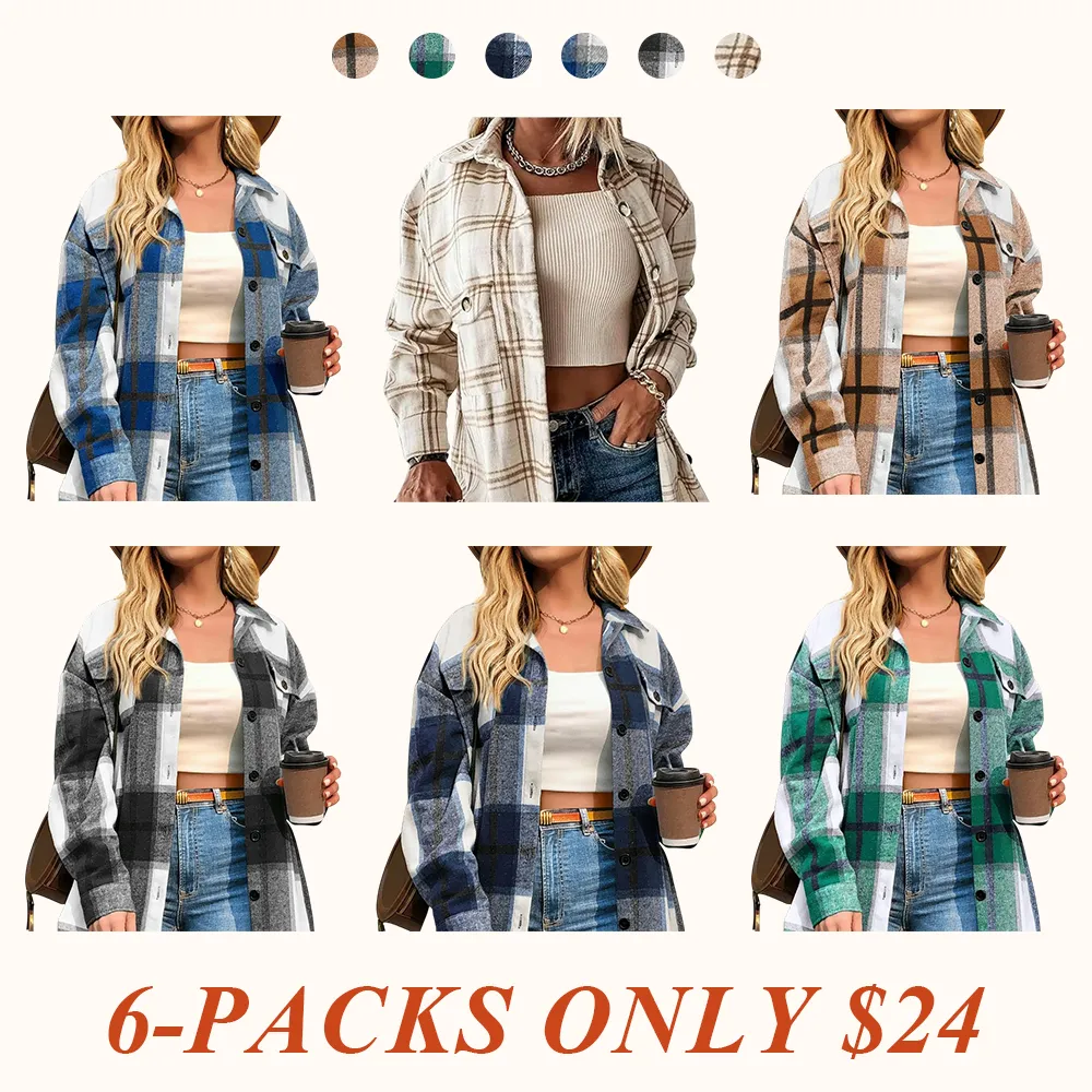 Womens Plus Size Shacket Jacket Flannel Plaid Long Sleeve