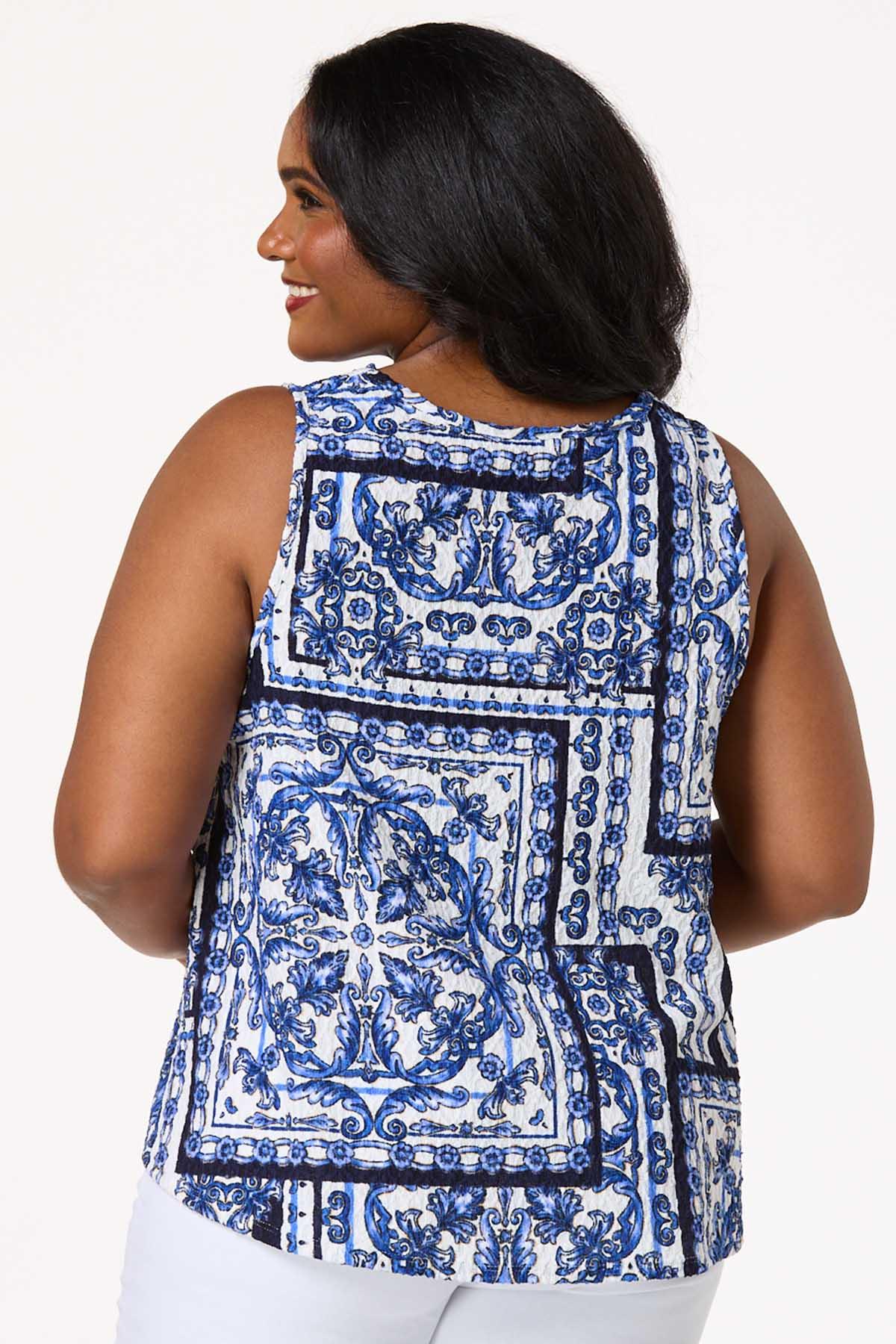 Plus Size Textured Blue Floral Drape Tank
