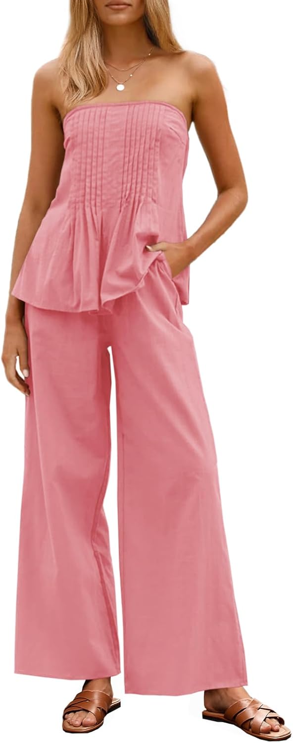 Women's 2 Piece Outfits Summer Strapless Tube Tops Wide Leg Pants Cotton Vacation Pleated Matching Lounge Set