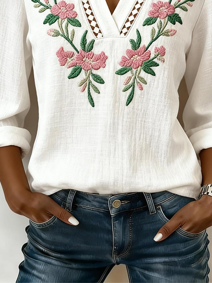 Women's Casual Collared Hollow-Out Printed Cotton Linen Top- Fast Shipping