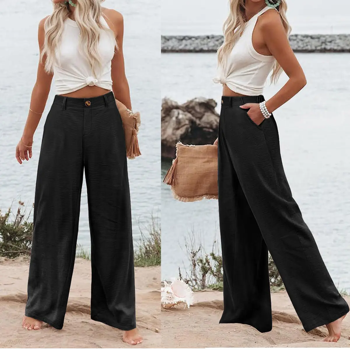 Kingapril Womens Cotton Linen Pants Casual Button Up High Waisted Wide Leg Trousers