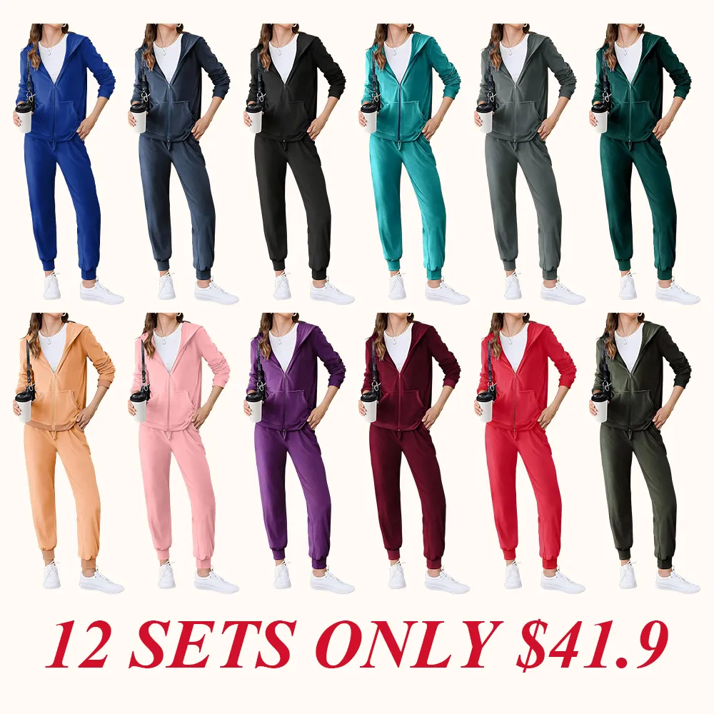 Women's Casual Velour Tracksuit Set Full Zipper Hoodie