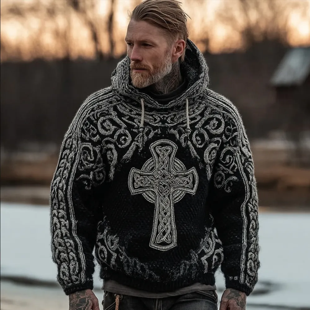 Men's Viking Style Celtic Cross Vintage Hooded Sweater