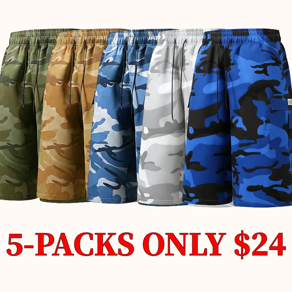 Men's camouflage cargo shorts – multi-pocket design, drawstring waist belt