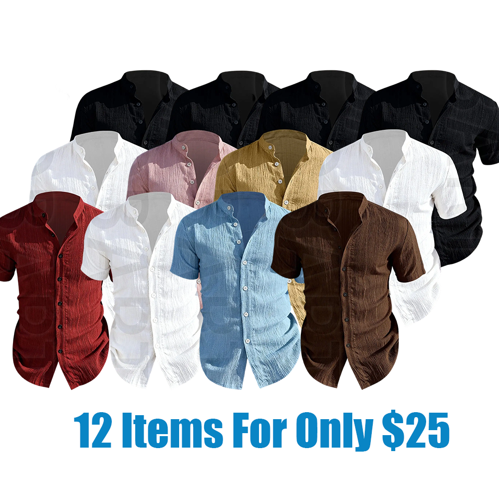 12pcs Men's Summer Short Sleeve Shirts, Lightweight Breathable Plain Solid Color Button-Up Casual Menswear Tops with Stand Collar, Casual Attire, Low-Cut Neckline Shirts for Beach, Pool Parties and Vacation, Gift for Husband