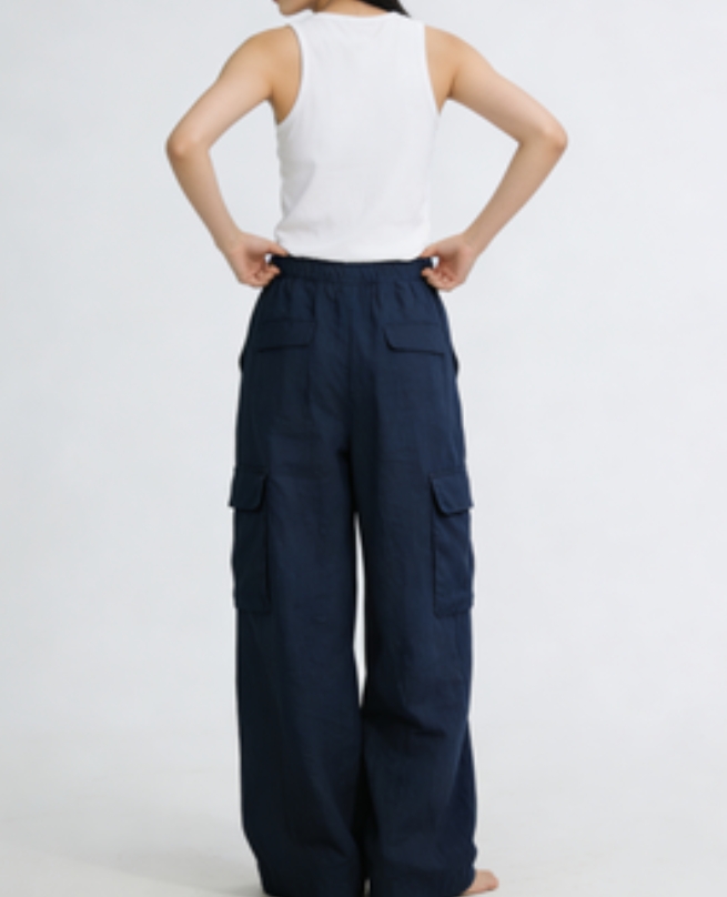 Relaxed-Fit Navy Cotton-Linen Wide-Leg Trousers with Pockets