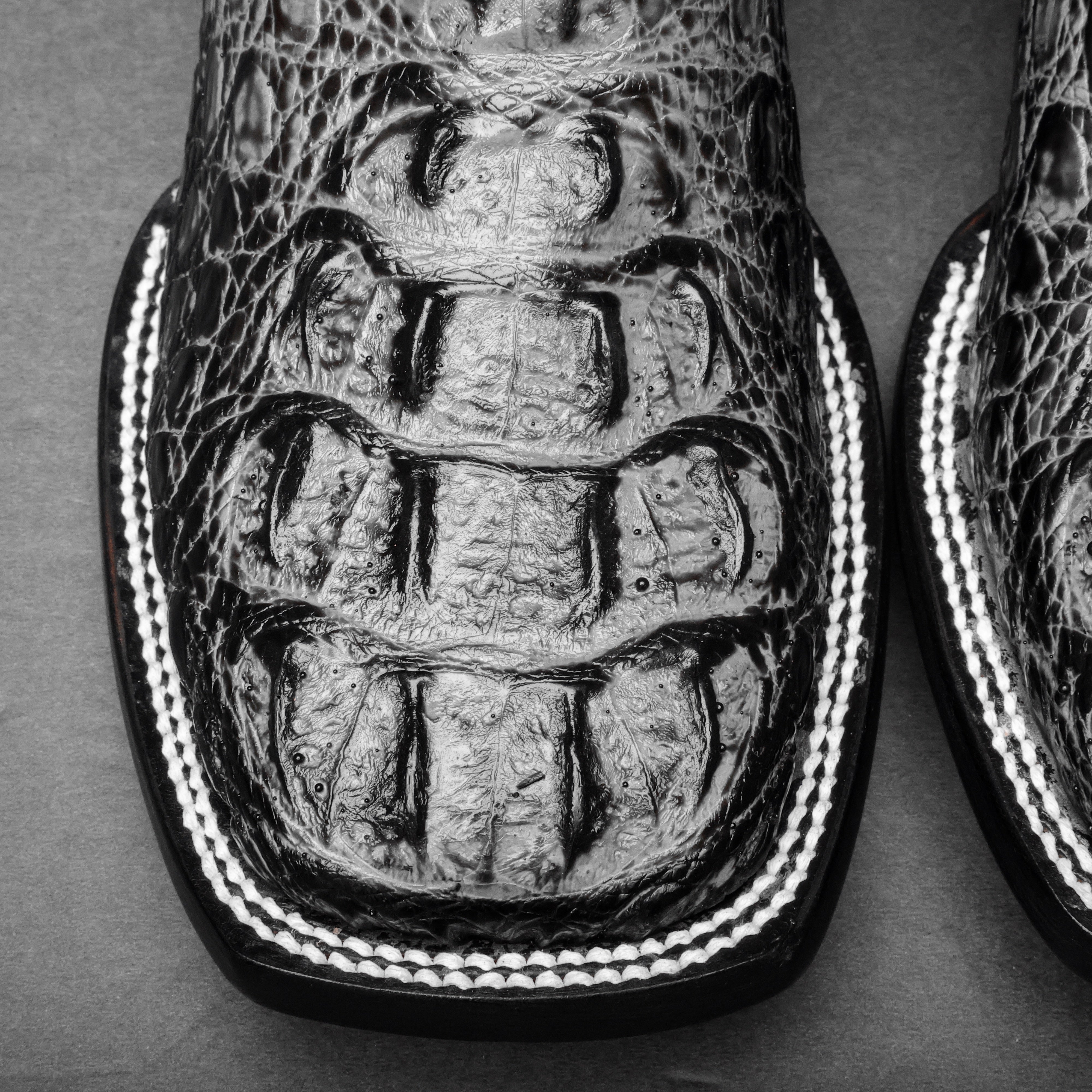 Grey Caiman Neck Leather Boots - Square Toe