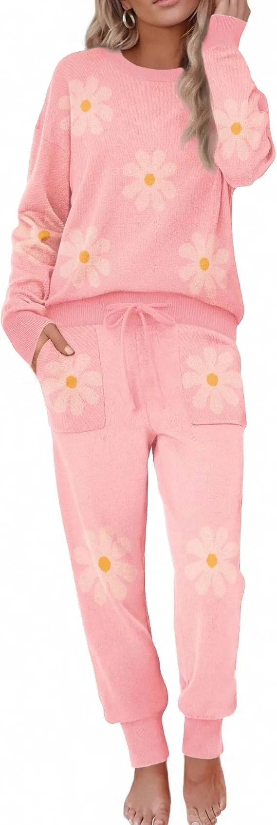 Women's Long Sleeve Knit Loungewear Set Jogger Pants Outfit