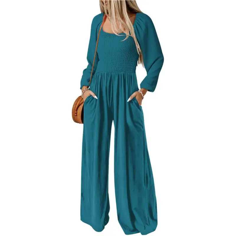 Women's Casual Loose Overalls Jumpsuits One Piece Long Sleeve Wide Leg Long Pant Rompers With Pockets