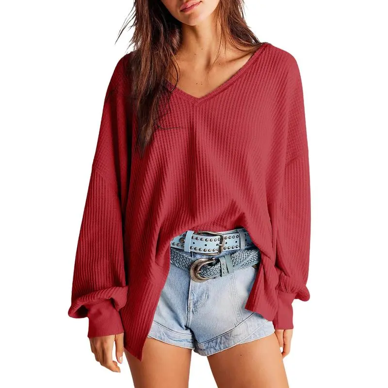 Women's Waffle Knit V-Neck Oversized Sweater