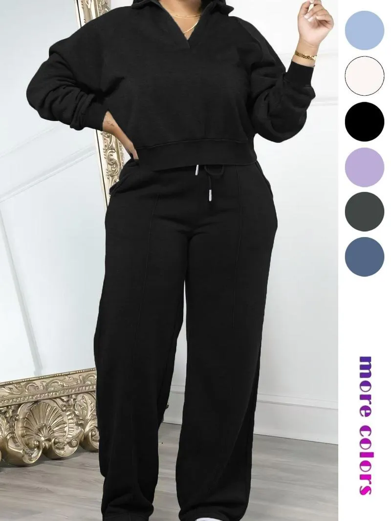 Women's Solid Long Sleeve Sweatshirt & Drawstring Waist Pants Set