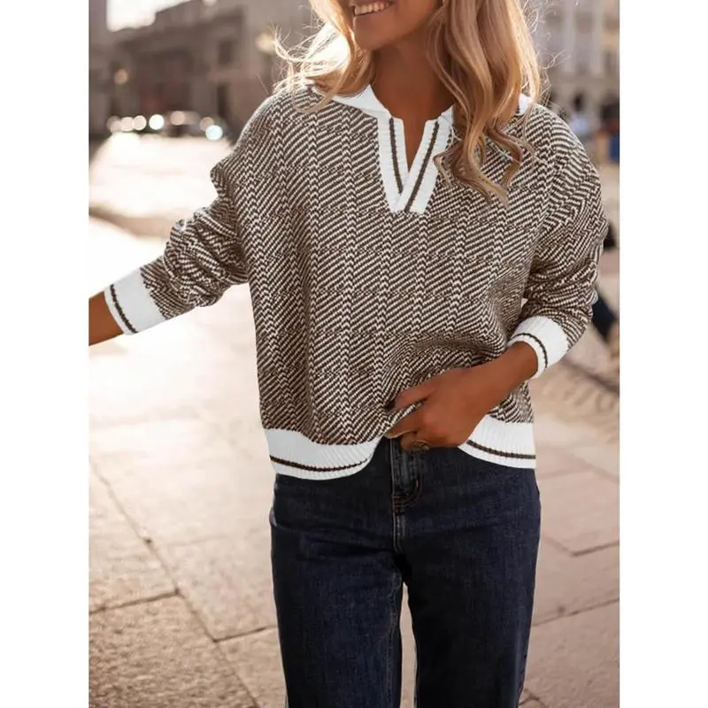 Womens V Neck Knit Sweater Color Block Long Sleeve