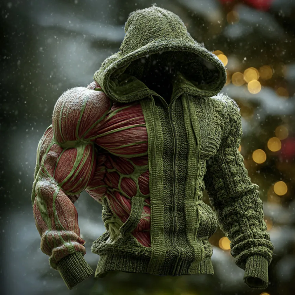 Men's Artistic Lines Coarse Needles Muscle Warmth Hooded Cardigan Sweater