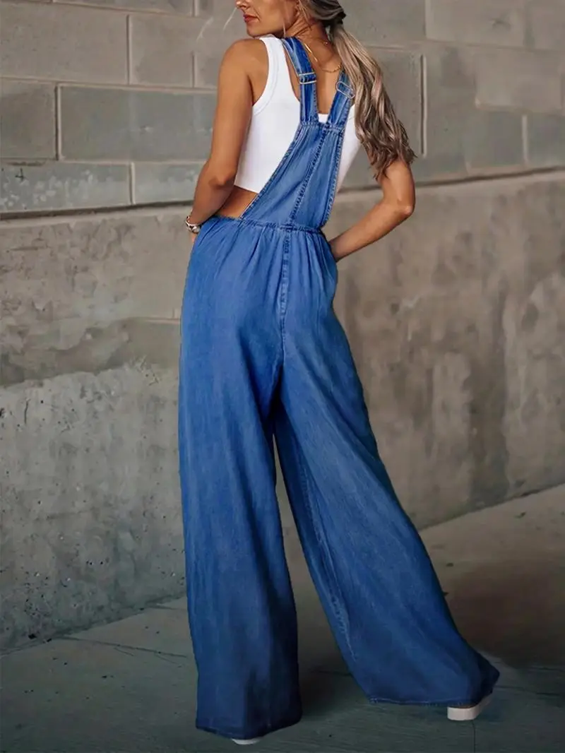 Women's Denim-Effect Print Plicated Wide Leg Overalls Jumpsuit