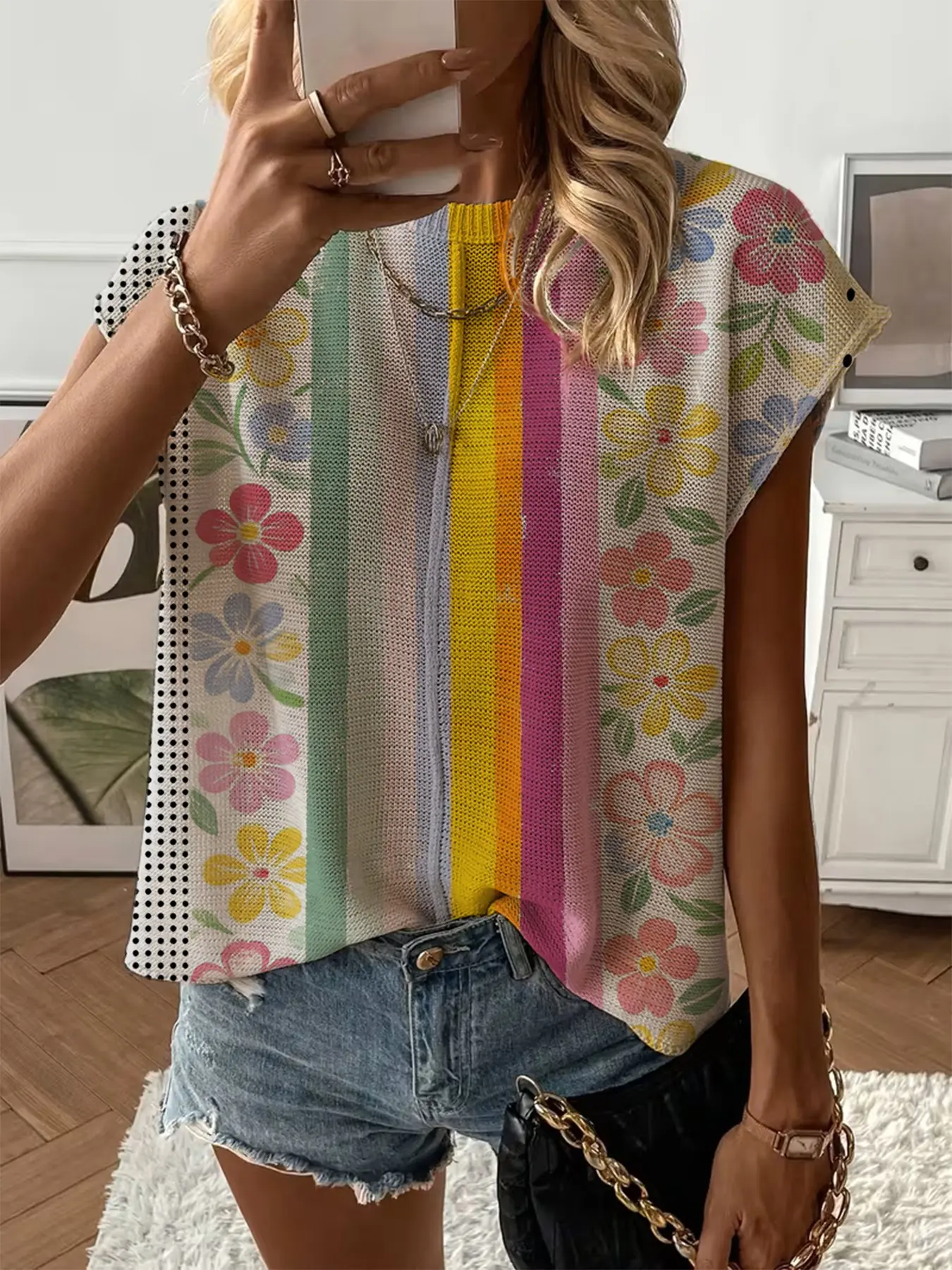 Spring/Summer crew neck drop-shoulder loose fit contrast stripe splicing print short-sleeve women's knit top