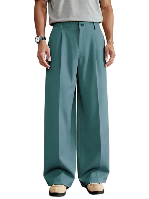 Men's Casual Versatile Solid Color Wide Leg Pants, Unique Button Design, Fitted Style