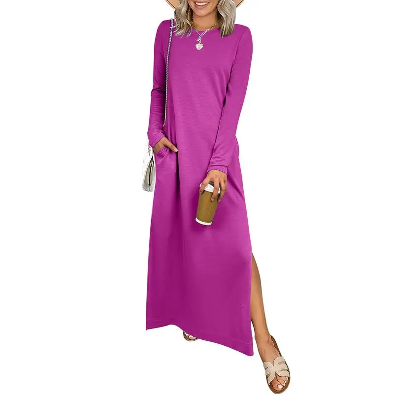Women Long Sleeve Dresses 2026 Fall Casual Crewneck Loose Fit Split Flowy Wrinkle-Free Travel Vacation Maxi Dress