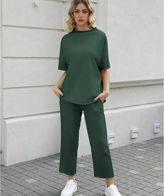 Women's 2 Piece Outfits Lounge Set 3/4 Batwing Sleeve Capelet Crew Neck Pullover Tops Wide Leg Pants