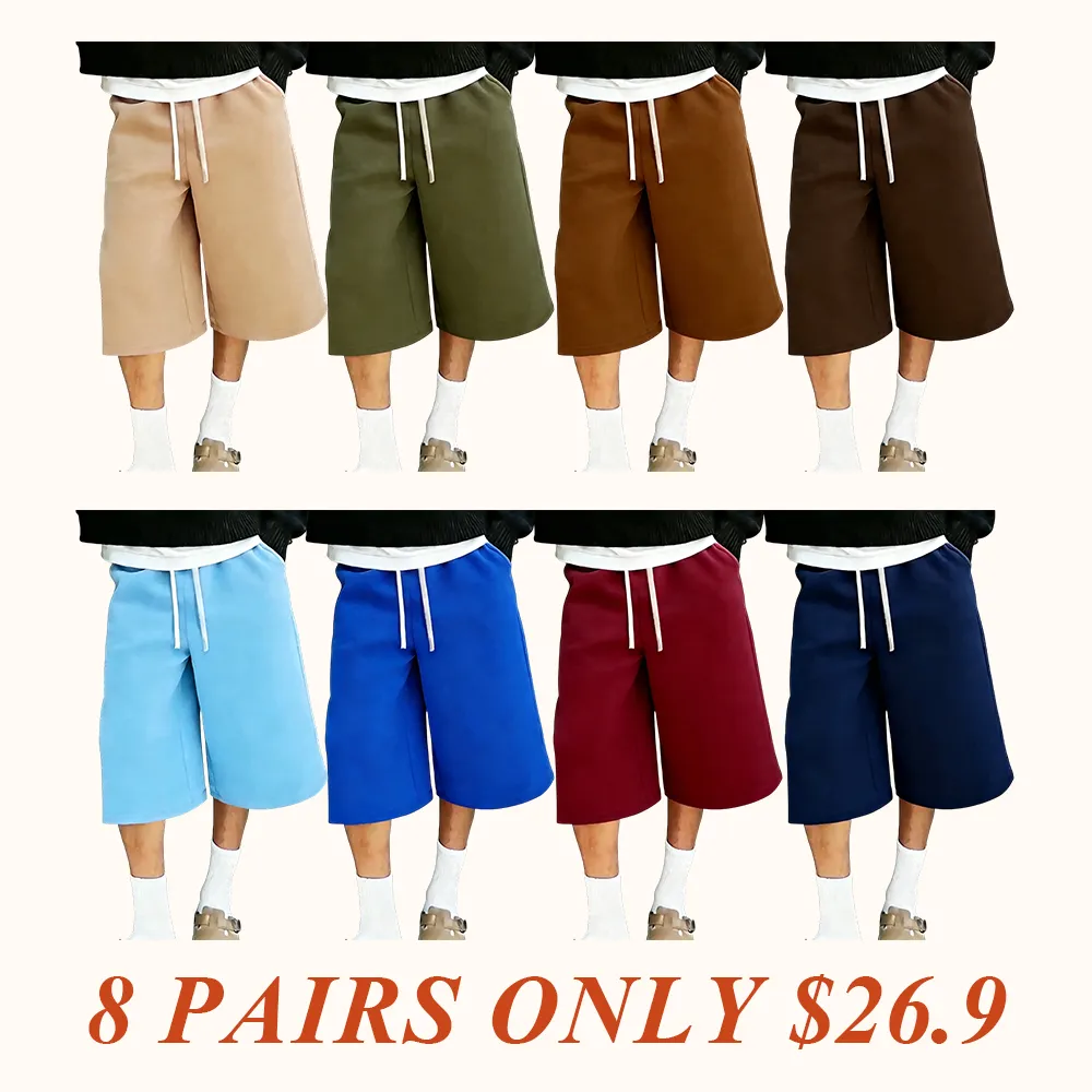 Men’s casual wide-leg shorts with an elastic drawstring waistband, solid color for all seasons, sporty fit