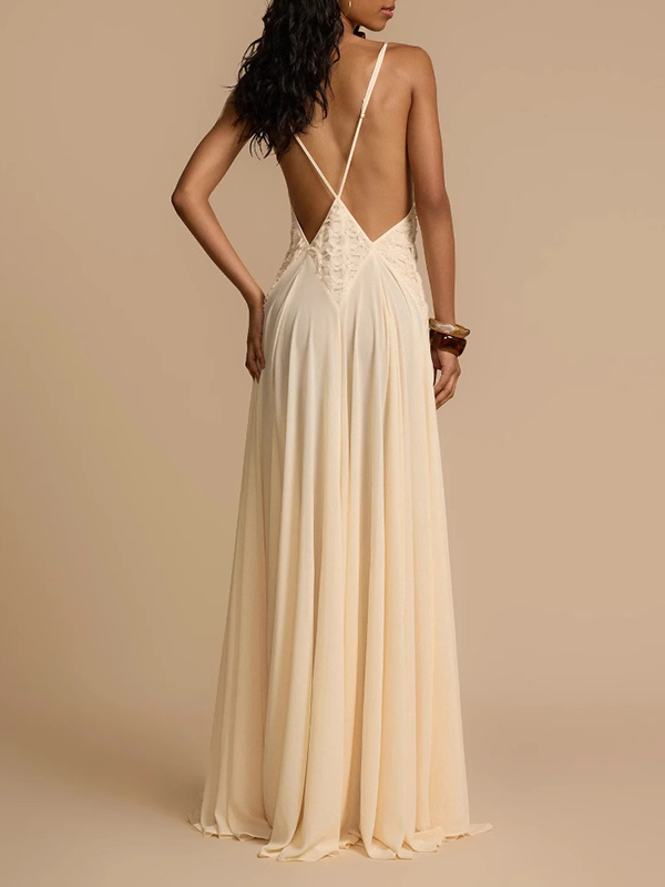 Lace Patchwork Solid Color Sleeveless V-Neck Elegant Chiffon Maxi Dresses