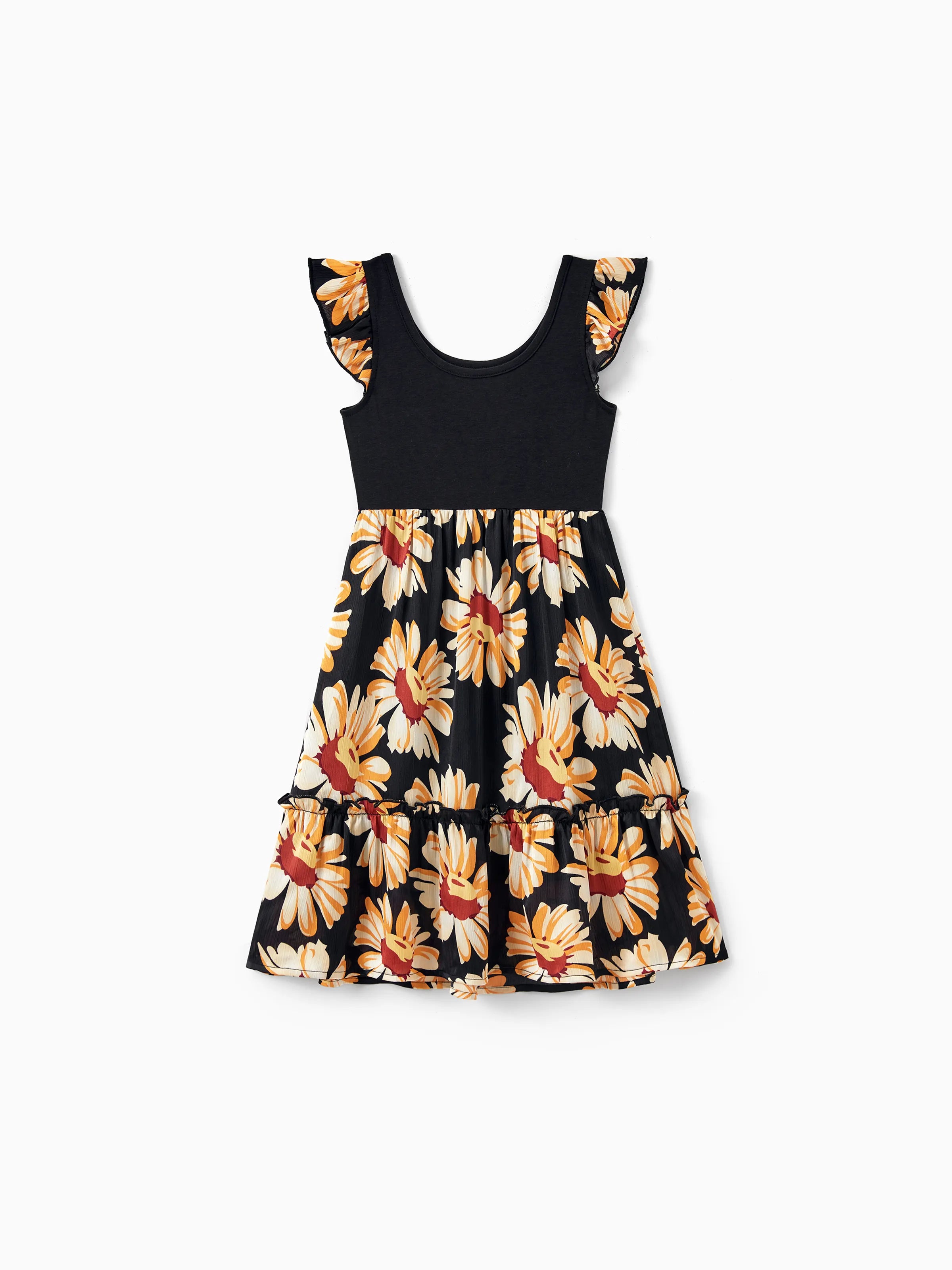Family Matching Set Floral Sleeveless Strappy Dress or Colorblock Short-sleeve T-shirt  Black