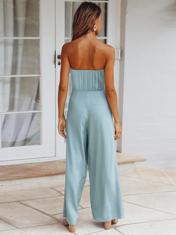 Original Cold Shoulder Tied Solid Color Straight Leg Jumpsuits