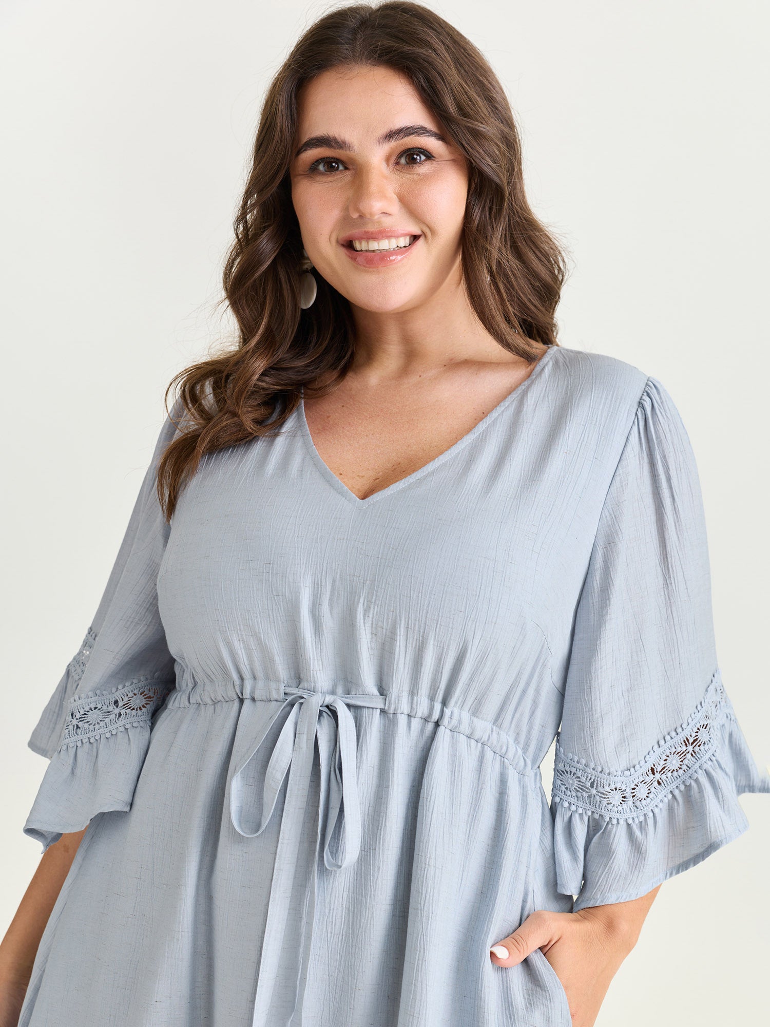 Lace Trim Adjustable Drawstring Waist Mini Dress