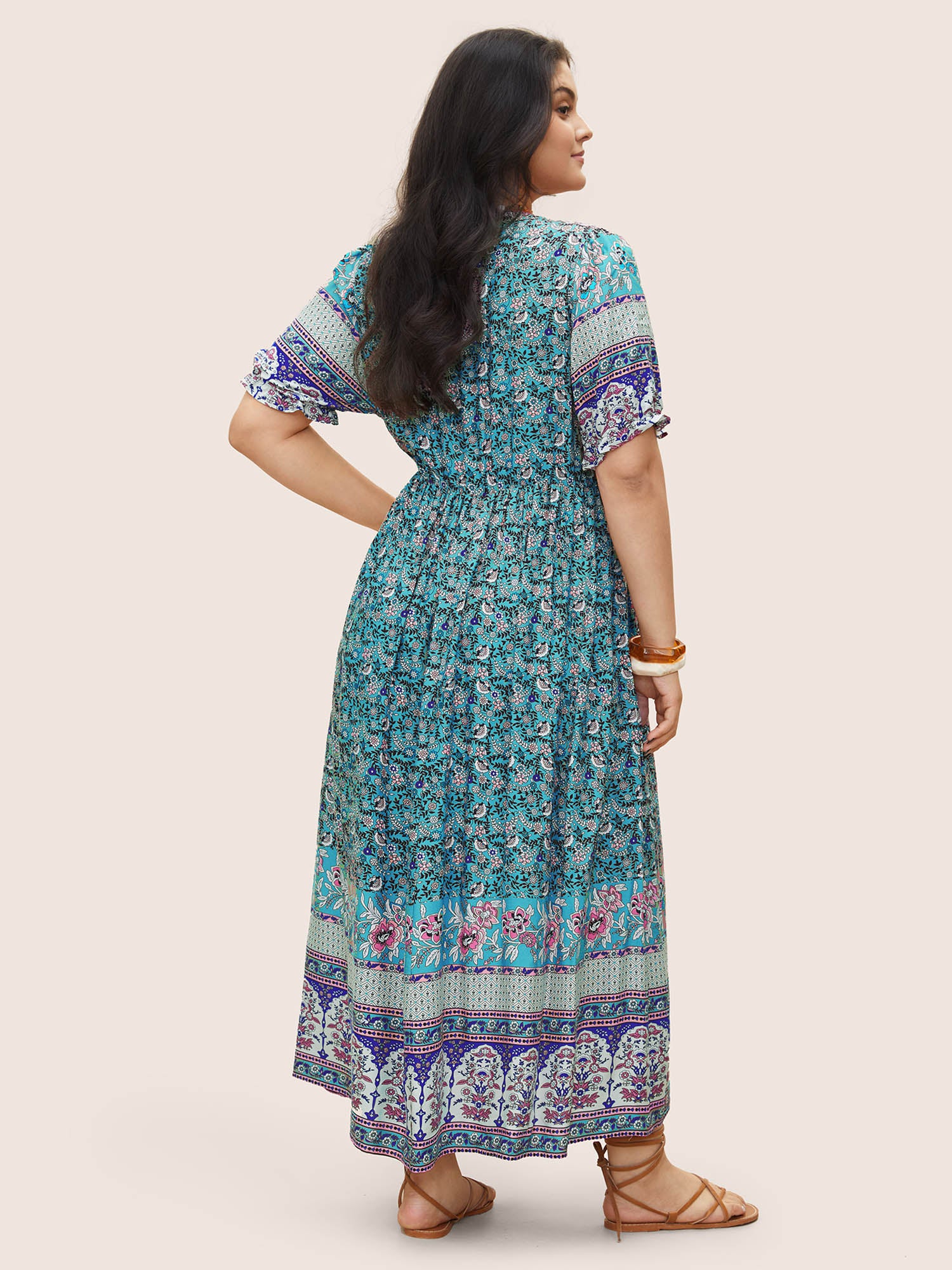 Boho Print Notched Ties Tassel Trim Dress