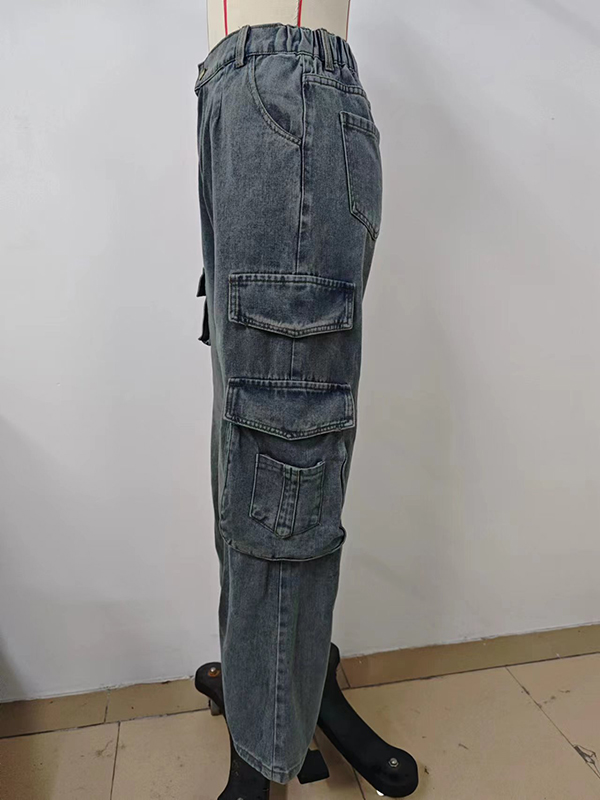 Pleated Pockets Split-Joint Loose Jean Pants Bottoms