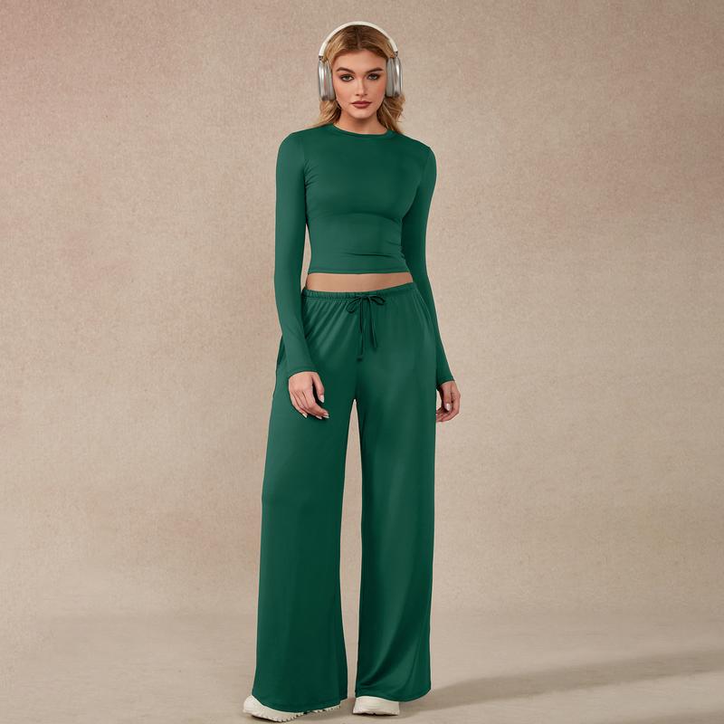 Women’s Long-Sleeve Crop Top & Wide-Leg Pants Activewear Set