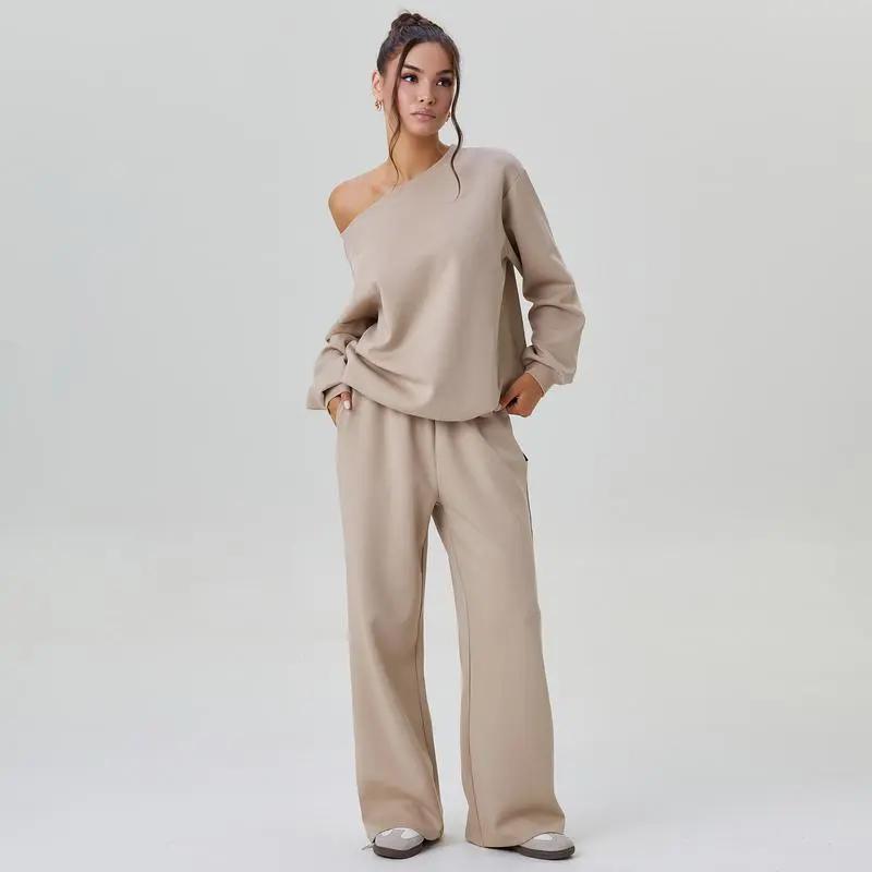 🔥8-PACKS 🔥Women's Leisure Solid Color Sloping Shoulder Long Sleeve Top & Wide Leg Trousers