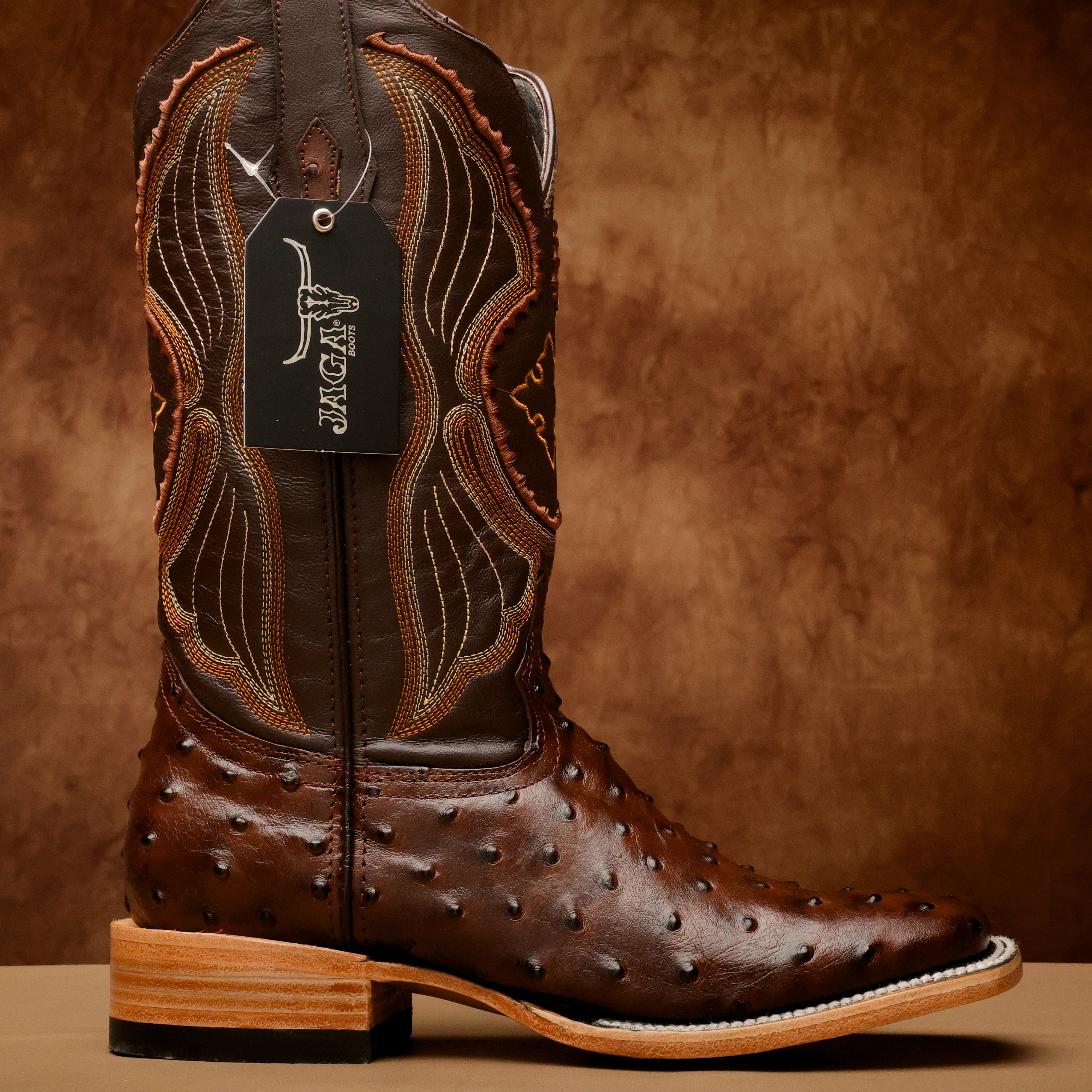 Chocolate Brown Ostrich Leather Boots - Square Toe