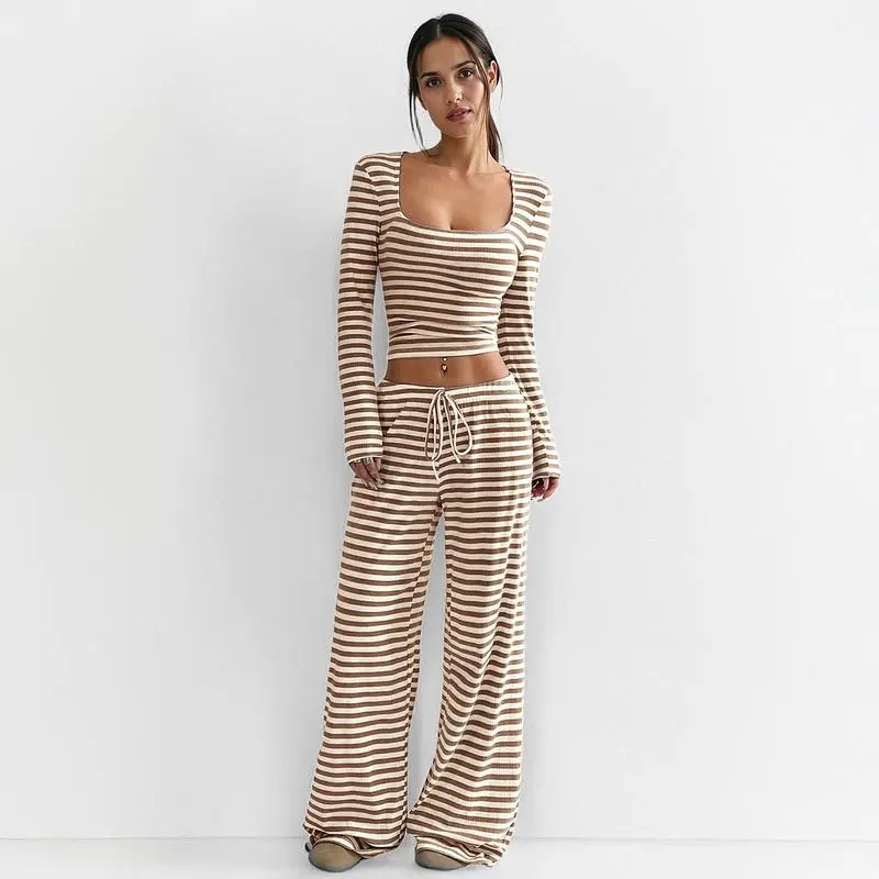 Women's Stripe Square Neck Long Sleeve Crop Top & Wide Leg Trousers Set