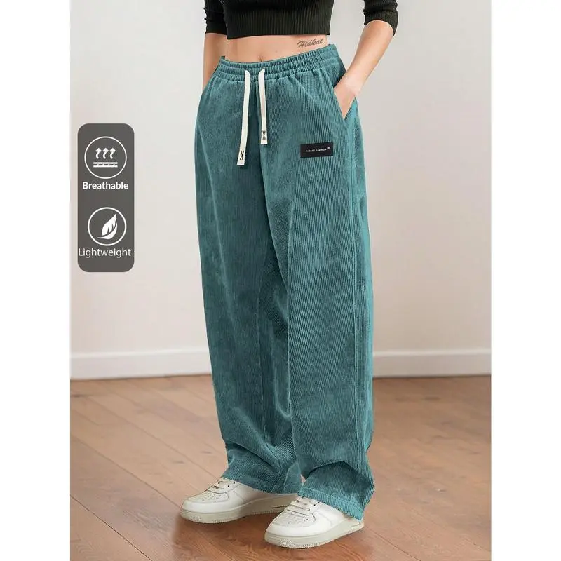 Women's Straight Leg Corduroy Pants Featuring Drawstring Elastic Waist, Fit for Casual