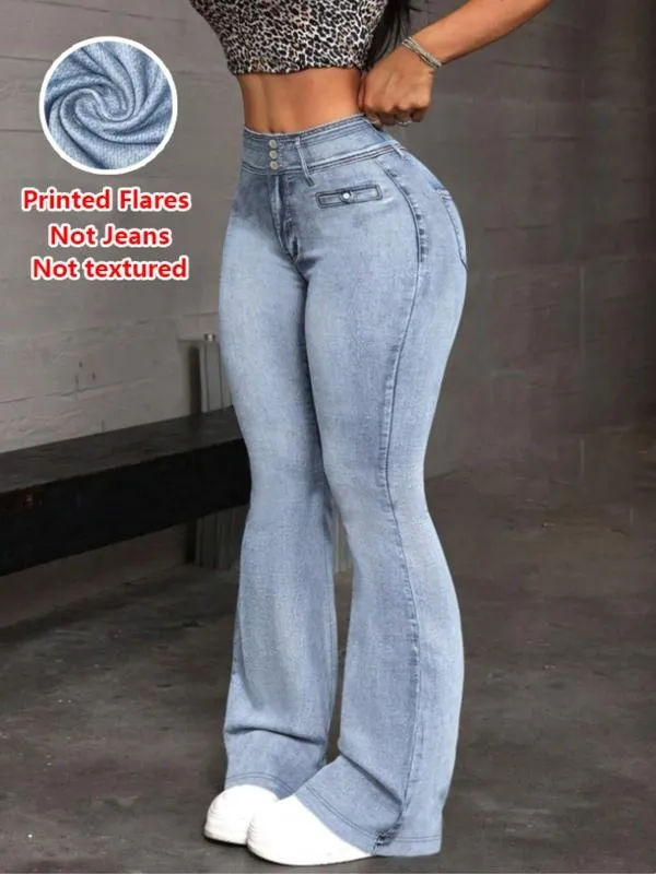 Women's Denim Print Flare Pants, Fashionable Long Jeans for Women, Casual High Waist Wide Leg Trousers
