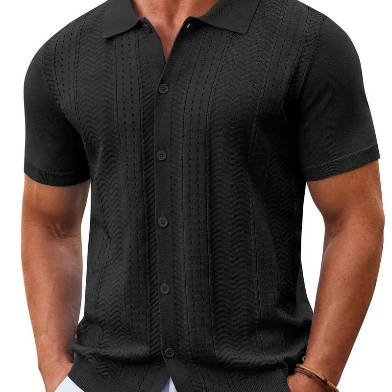 Mens Knit Button Down Shirt Short Sleeve Summer Casual Shirts Vintage Beach Vacation Shirts