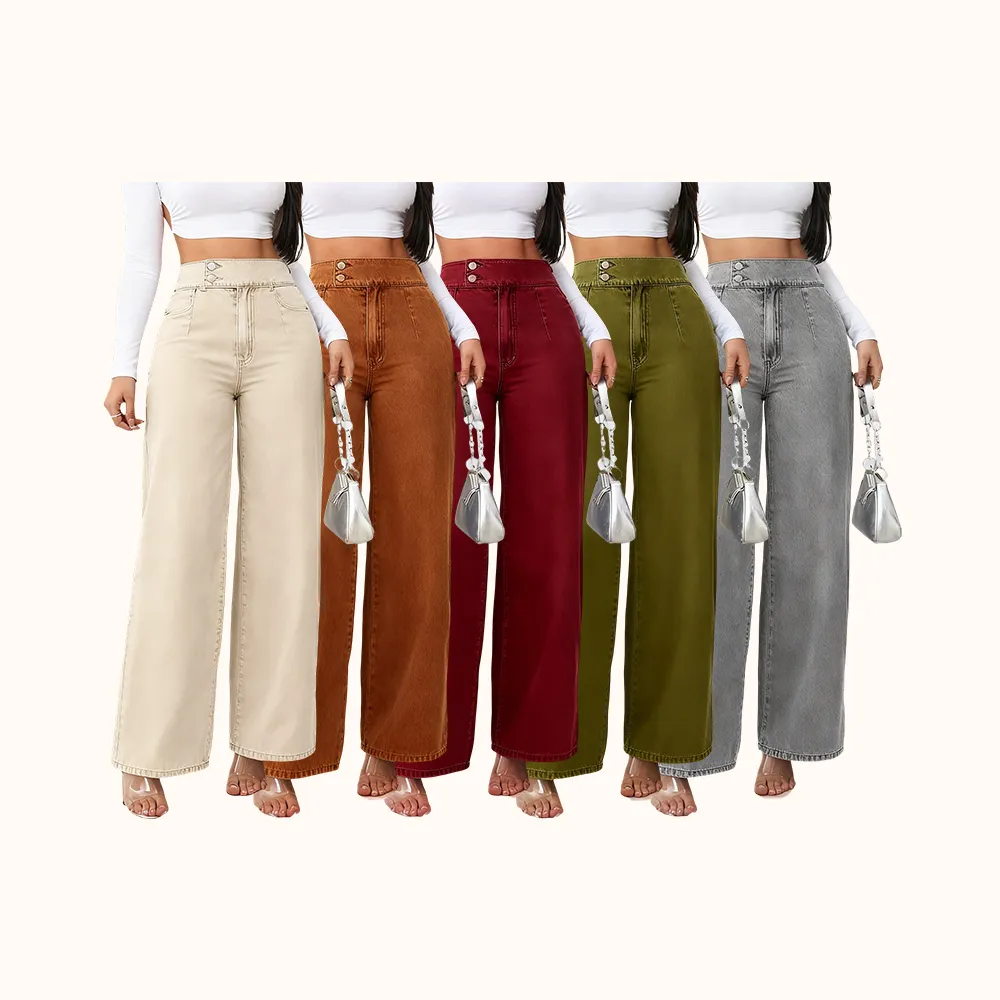 Women's Vintage Elegant High Waist Wide Leg Jeans, Elastic Waist, Button Front
