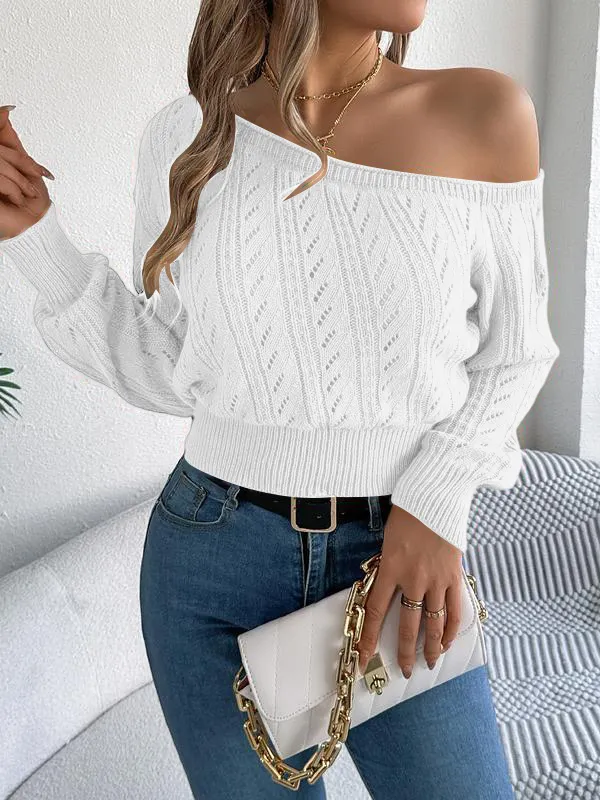 Women's Plain Textured Hollow Out Asymmetrical Neck Sweater