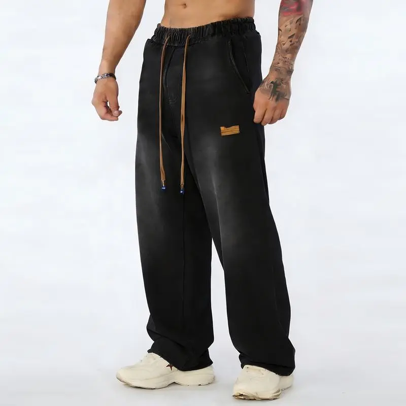 Men's straight leg jeans, casual drawstring elastic waistband