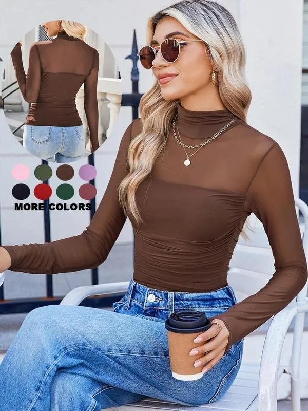Women's Plain Round Neck Sheer Mesh Patchwork Long Sleeve Sexy Top